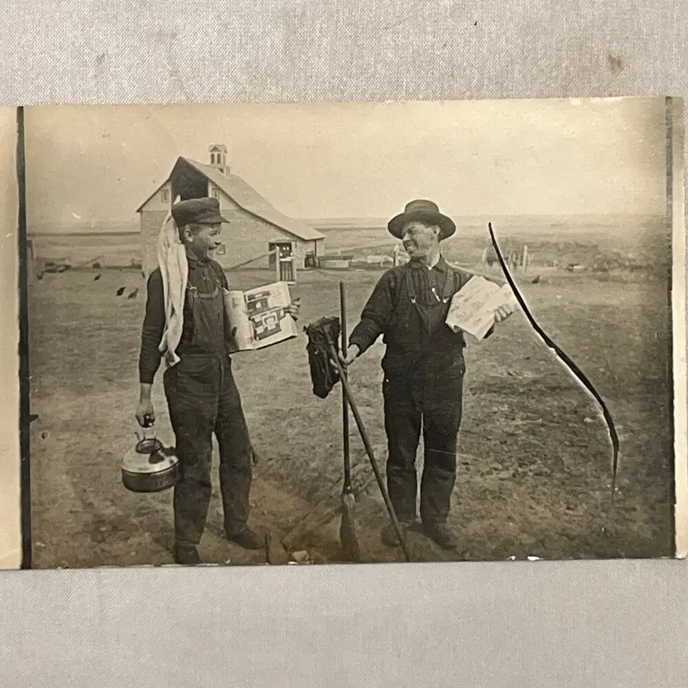 1909 RPPC Farmer Goofing Around Real Photo Postcard Antique Rural Scene